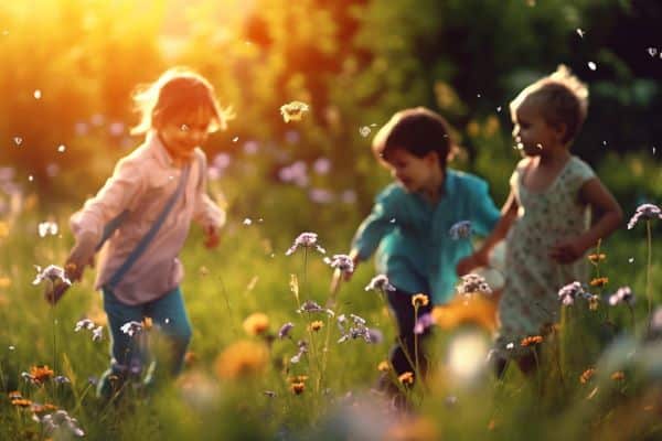 Crianças divertindo-se em meio à natureza durante a primavera.