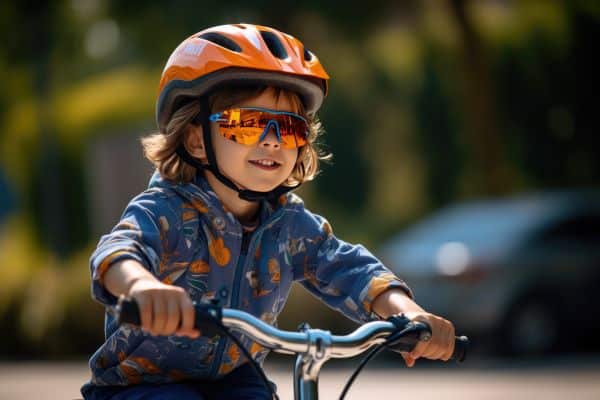 A primavera permite passeios ao ar livre, como faz um menino andando de bicicleta, mas usando óculos de proteção e capacete. 