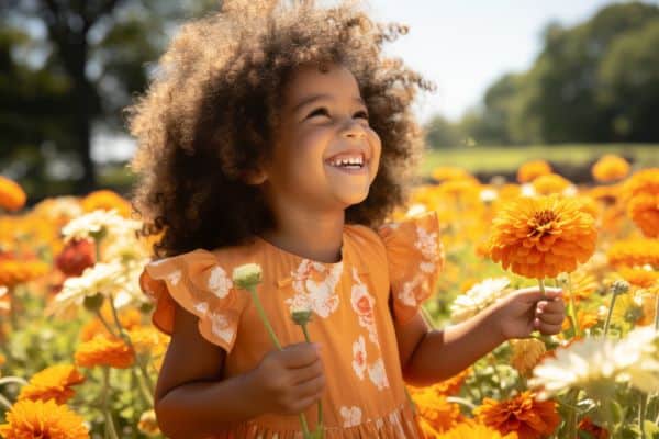 Menina negra, sorrindo, em meio a flores amarelas, segurando uma dália amarela na mão. A primavera é uma estação propícia a alergias oculares.