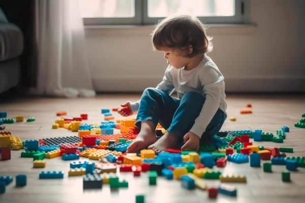 Dia Mundial da Conscientização do Autismo Criança brincando com quebra-cabeças coloridos em uma sala branca vazia.