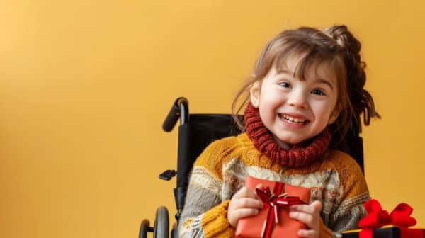 Criança sorridente, com um presente nas mãos, está sentada em uma cadeira de rodas. Ela veste roupas de inverno coloridas e está com o cabelo preso  em rabo de cavalo. Percebe-se claramente o seu estrabismo.