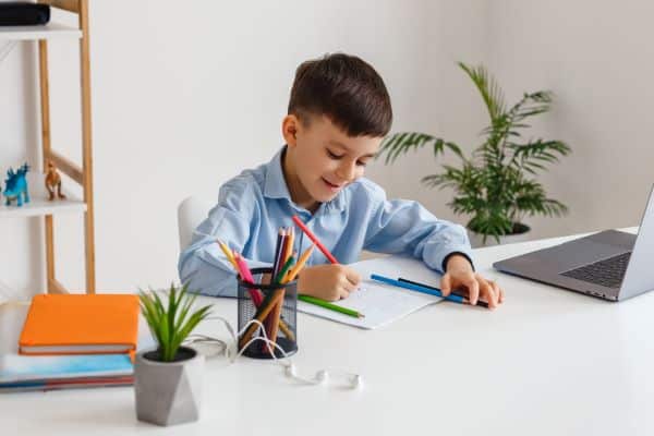 Menino de séries iniciais realiza atividades escolares em um ambiente bem iluminado. Ele veste uma camisa de mangas longas azul e sorri enquanto utiliza lápis de cor para pintar desenhos. 
Em cima da escrivaninha branca há diversos lápis de cor, alguns livros uma plantinha verde e um notebook.