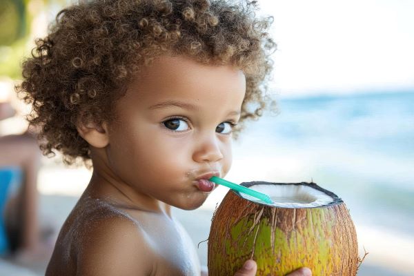 Garotinho negro com cabelos encaracolados, sentado frente à praia, bebe uma água de coco para hidratar-se.