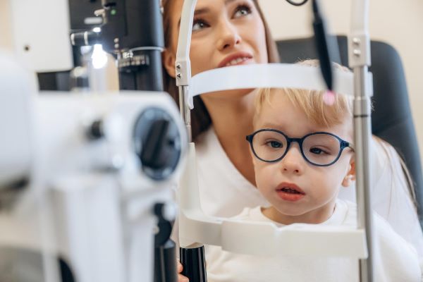 No gabinete do oftalmologista, um garotinho com estrabismo , no colo de sua mãe, realiza exame oftalmológico para detectar, ou não, retinoblastoma.
