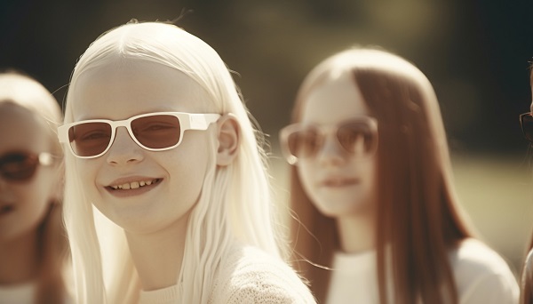 Menina albina, sorridente, usando óculos de proteção solar - um dos recursos da reabilitação visual.