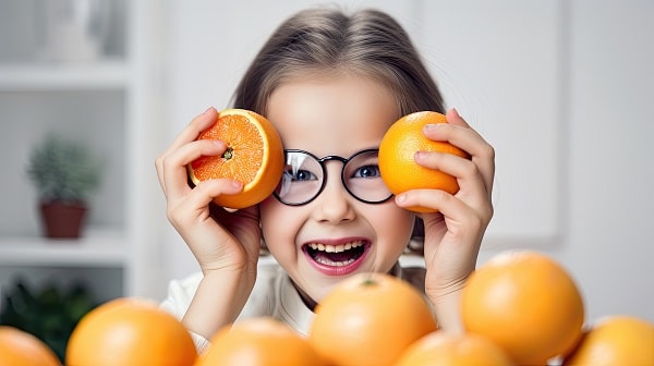 Menina sorridente, usando um par de óculos pretos, posa para foto segurando 2 laranjas na lateral dos olhos.