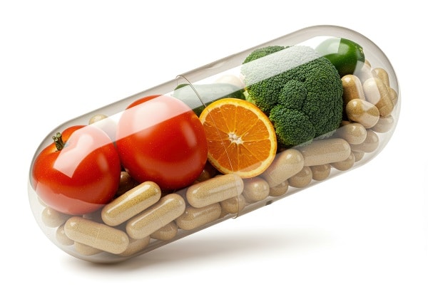 Cápsula transparente de medicação em cujo interior se vê laranja, brócolis, tomate, comprimidos e limão.