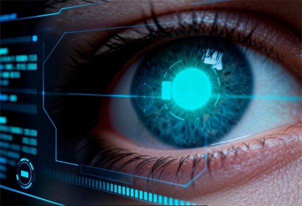 Imagem (IA) de um olho em 3D realizando exame de medidas refracionais.