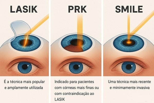 Técnicas de cirurgias refrativas: LASIK, PRK, SMILE.