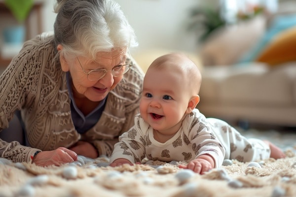 Avó e bebê brincam e sorriem deitados no chão sobre um tapete.